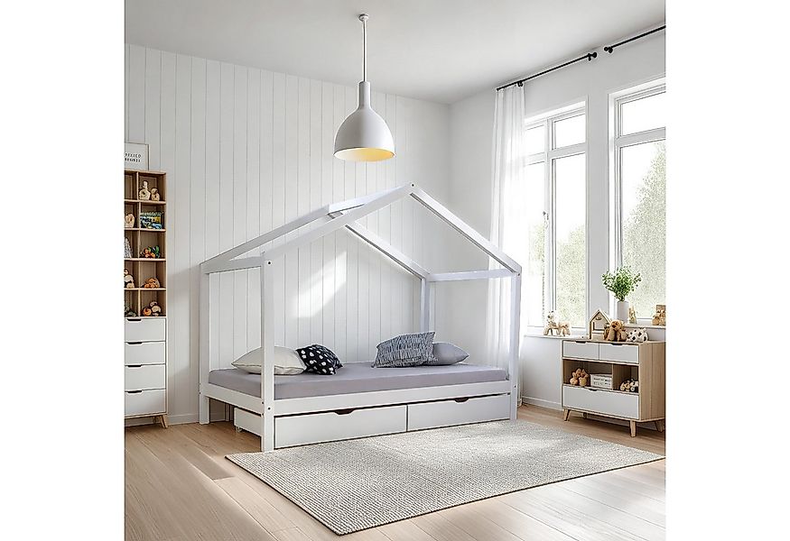 Homestyle4u Kinderbett 90x200 Hausbett Kinderhaus Holzbett Bettkasten (mit günstig online kaufen