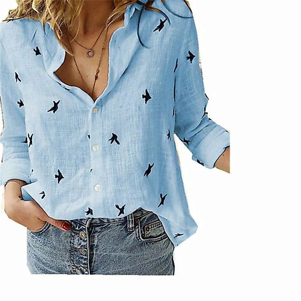 RUZU UG Langarmhemd Damen Bluse Hemden V-Ausschnitt Roll Up Ärmel Button Do günstig online kaufen