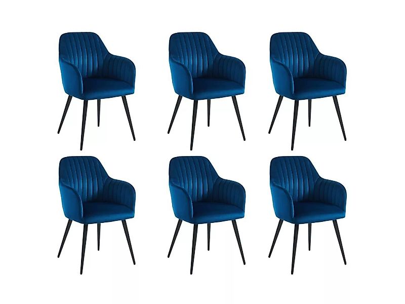 Stuhl mit Armlehnen 6er-Set - Samt & Metall schwarz - Blau - ELEANA günstig online kaufen