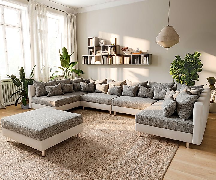 Wohnlandschaft Clovis XL Weiss Hellgrau Modulsofa Hocker günstig online kaufen