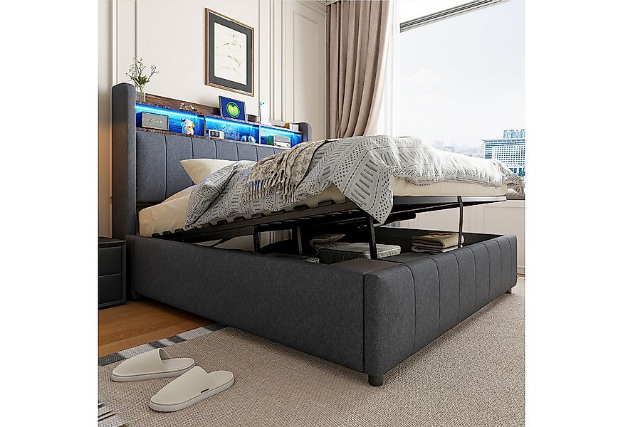 Flieks Polsterbett, LED hydraulisches Doppelbett 140x200cm mit USB-Aufladen günstig online kaufen