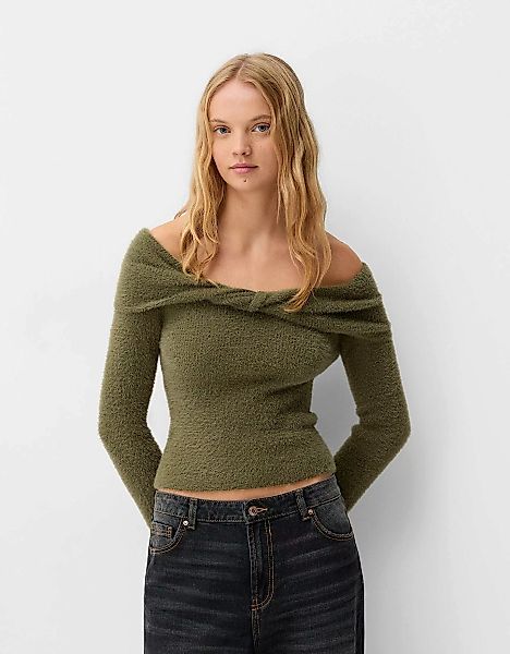 Bershka Bardot-Pullover Kunstfell Damen S Grün günstig online kaufen