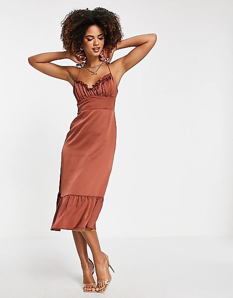 Trendyol – Kleid in Zimtbraun mit Rüschensaum günstig online kaufen