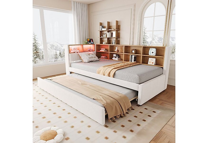 Flieks Daybett, Kinderbett Polsterbett 90x200cm mit LED Steckdose Ausziehbe günstig online kaufen