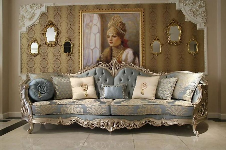 Casa Padrino Sofa Luxus Barock Wohnzimmer Sofa Hellblau / Beige / Silber 29 günstig online kaufen