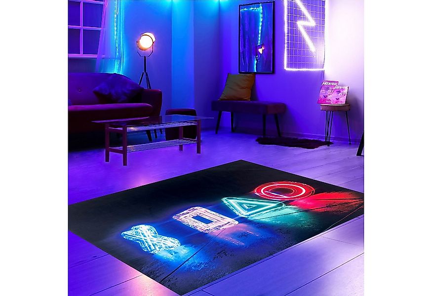 Carpetia Kinderteppich Gamingteppich Antirutsch im leuchtenden Symbolenmust günstig online kaufen