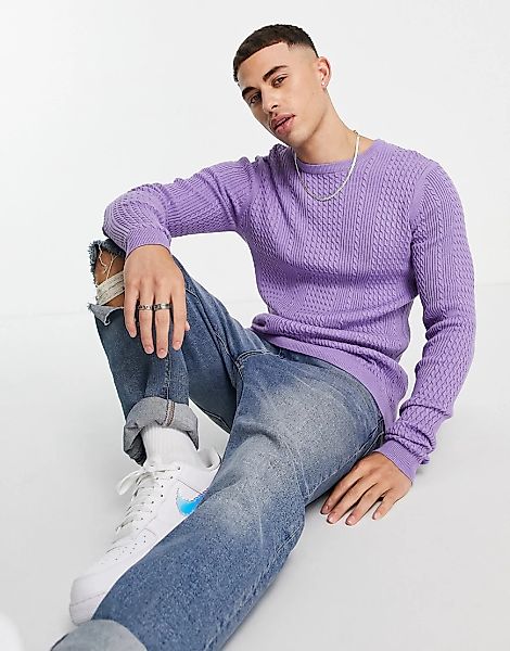 ASOS DESIGN – Leichter Pullover mit Zopfmuster in Lila-Violett günstig online kaufen
