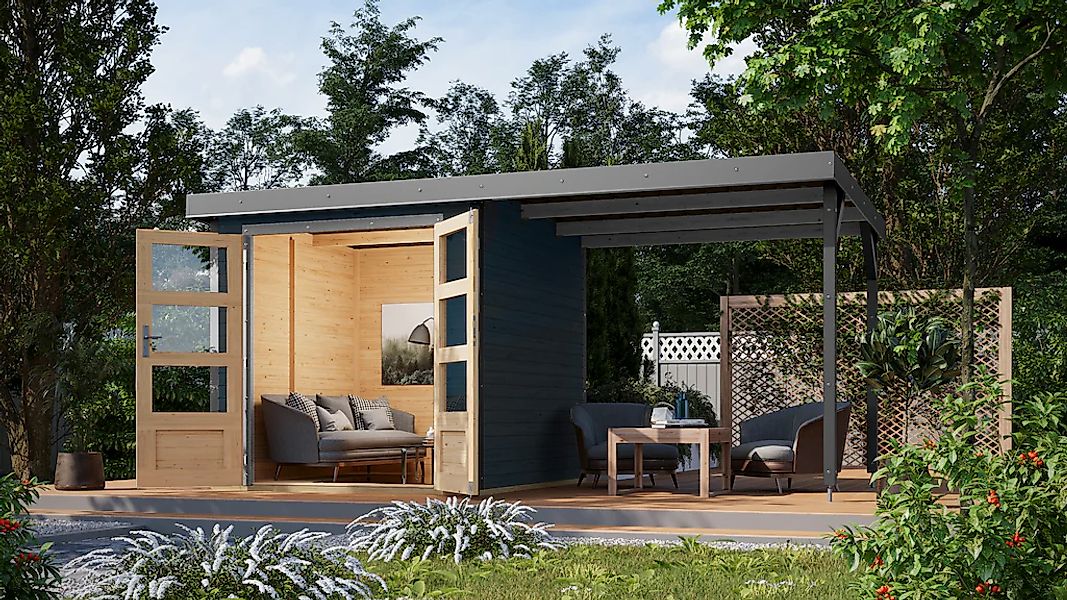 Karibu Gartenhaus ""Jupiter 2 C" SET anthrazit-graualuminium mit Anbaudach günstig online kaufen