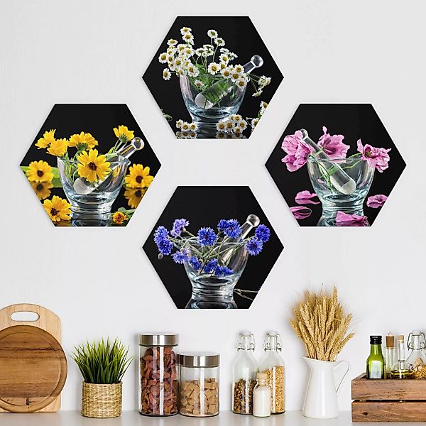 4-teiliges Hexagon-Alu-Dibond Bild Blumen im Mörser günstig online kaufen