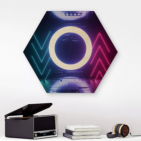 Hexagon-Holzbild Bunte Neonlichter günstig online kaufen