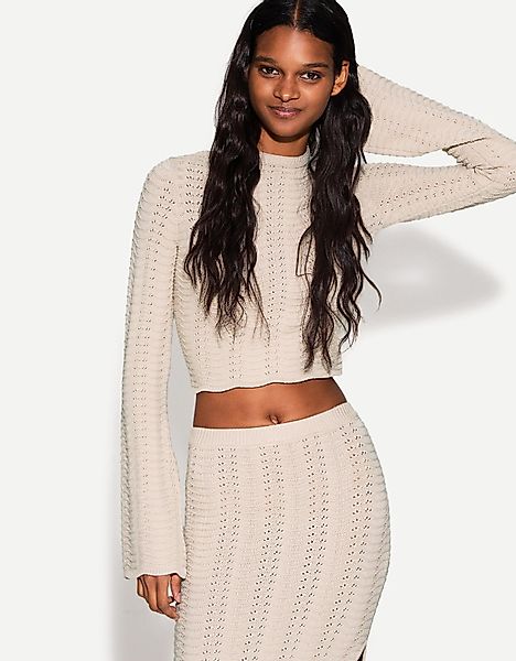 Bershka Rustikaler Pullover Mit Lochmuster Und Rollkragen Damen S Steinfarb günstig online kaufen