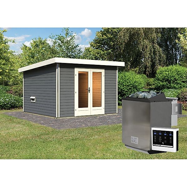 Karibu Saunahaus Magnus 1 Set B Terragrau mit Ofen 9 kW Bio ext. Strg. günstig online kaufen