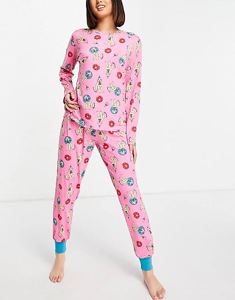 Chelsea Peers – Langer Pyjama in Rosa mit Geburtstagshunde-Print günstig online kaufen