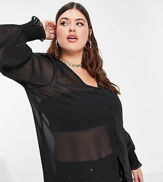 Yours – Bluse in Schwarz mit gesmokten Bündchen günstig online kaufen