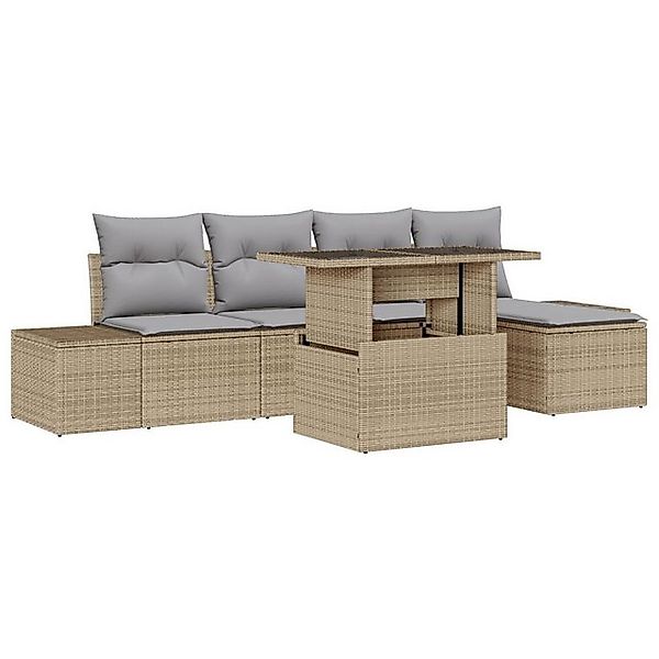 vidaXL Loungesofa 6-teiliges Garten-Sofa-Set mit Kissen Beige Poly Rattan, günstig online kaufen