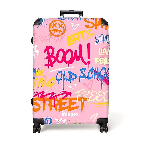 NoBoringSuitcases.com© Hartschalen-Trolley Rosa Hintergrund mit buntem günstig online kaufen