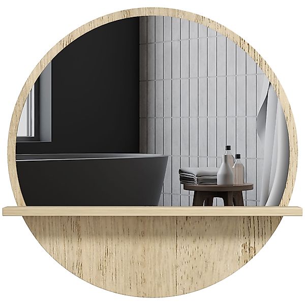 kleankin Runder Wand-Badezimmerspiegel mit Regal - Ø 45 x 10H cm - naturhol günstig online kaufen