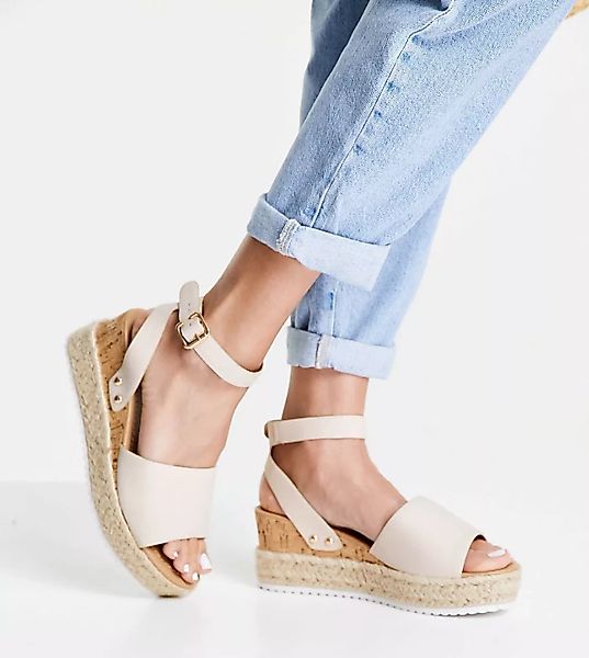Glamorous Wide Fit – Espadrilles-Sandalen mit flacher Plateausohle in Beige günstig online kaufen