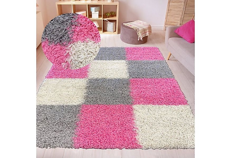 Carpetia Teppich Shaggy Teppich Hochflor Wohnzimmer Karomuster rosa grau cr günstig online kaufen