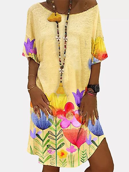 Kurzarm-O-Ausschnitt Midi mit Blumendruck Kleid günstig online kaufen