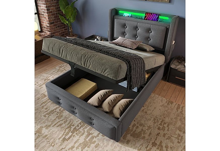 Flieks Polsterbett, LED Einzelbett 90x200cm mit Ladefunktion und hydraulisc günstig online kaufen