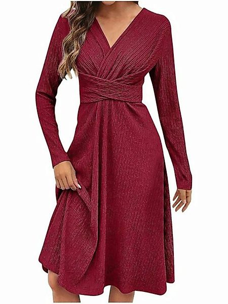 FIDDY Blusenkleid Kleid Damen Elegant Frauen Vintage Einfarbig V Ausschnitt günstig online kaufen