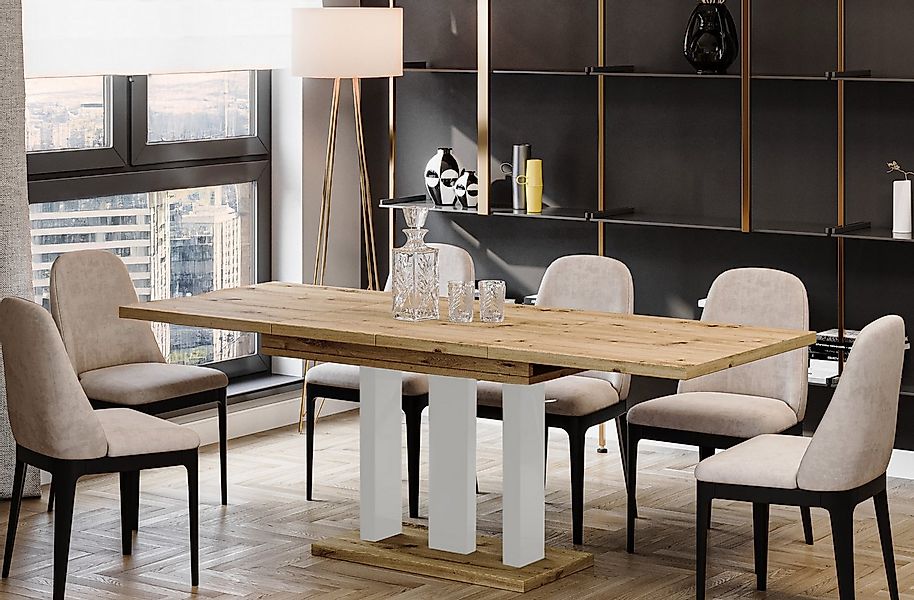 Endo-Moebel Säulen-Esstisch "Appia White" 130-210cm ausziehbar erweiterbar, günstig online kaufen