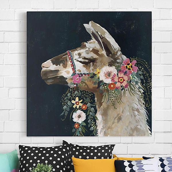 Leinwandbild Tiere - Quadrat Lama mit Blumenschmuck II günstig online kaufen