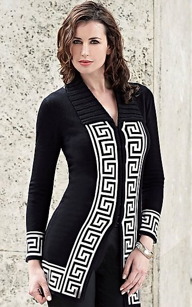 Passioni Longstrickjacke in Schwarz mit einem ecrufarbenen griechischen Sch günstig online kaufen