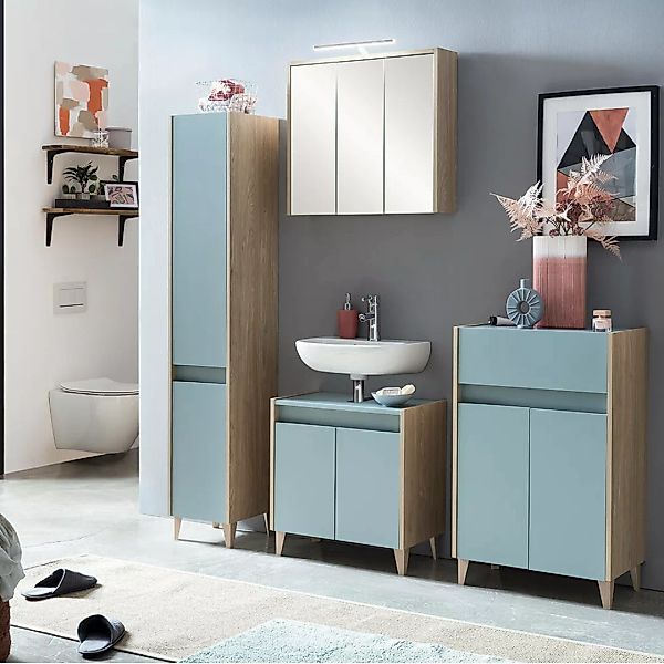 Badezimmer Set, 4-teilig, taubenblau mit Eiche hell ESPOO-80 günstig online kaufen