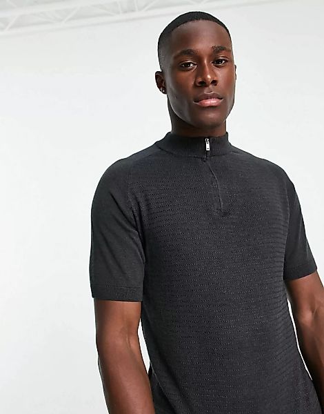 Topman – Polohemd aus Strick in Anthrazit mit Stehkragen-Grau günstig online kaufen