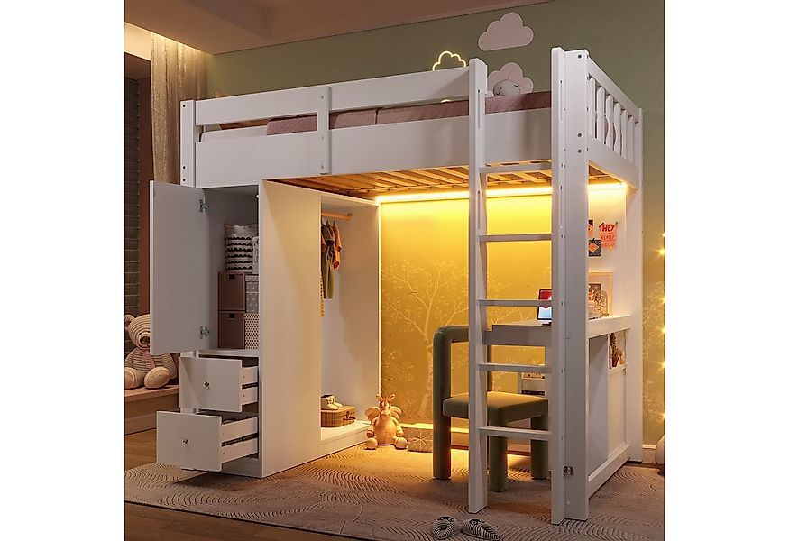 Flieks Hochbett Kinderbett 90x200cm mit Schubladen Schrank Schreibtisch LED günstig online kaufen