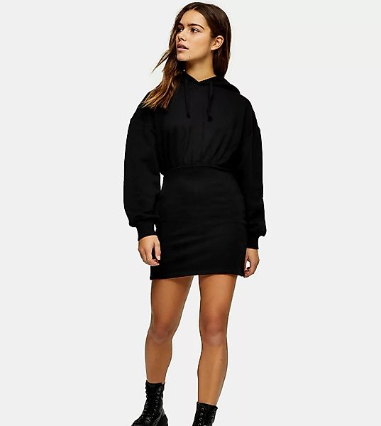 Topshop Petite – Mini-Sweatshirtkleid in Schwarz mit Kapuze günstig online kaufen