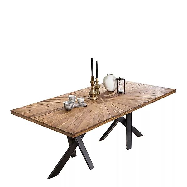 Esszimmertisch aus Teak Massivholz und Metall Platte mit Einlegearbeit günstig online kaufen