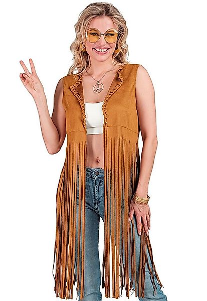 Karneval-Klamotten Hippie-Kostüm Damen Flower Power Weste lang mit Fransen, günstig online kaufen