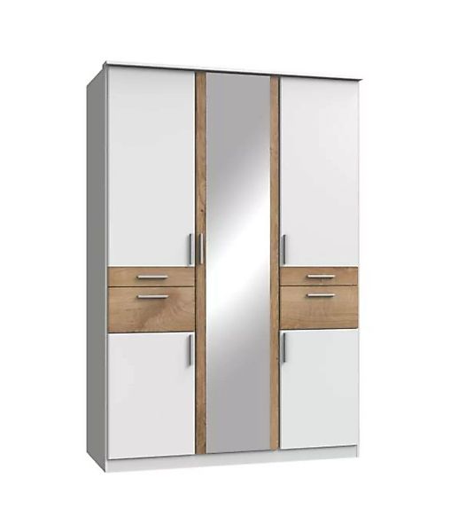 Kleiderschrank mit Spiegel und Schubladen 135 cm breit Weiß / Planken-Eiche günstig online kaufen