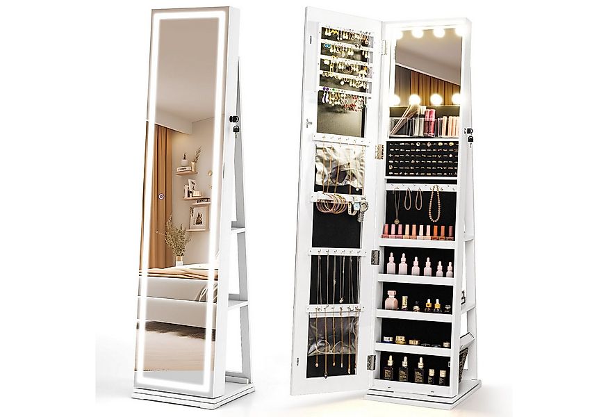 COSTWAY Schmuckschrank Ganzkörperspiegel mit LED, drehbarer Standspiegel günstig online kaufen