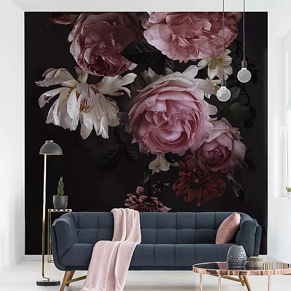 Bilderwelten Fototapete Rosa Blumen auf Schwarz schwarz Gr. 192 x 192 günstig online kaufen