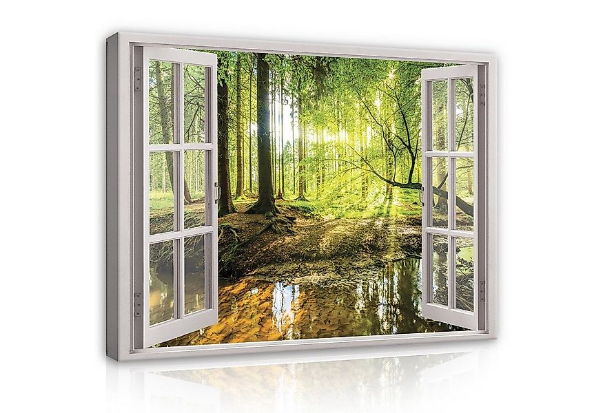 Wallarena Leinwandbild Wald Fensterblick Grün Natur Fenster Modern XXL Lein günstig online kaufen