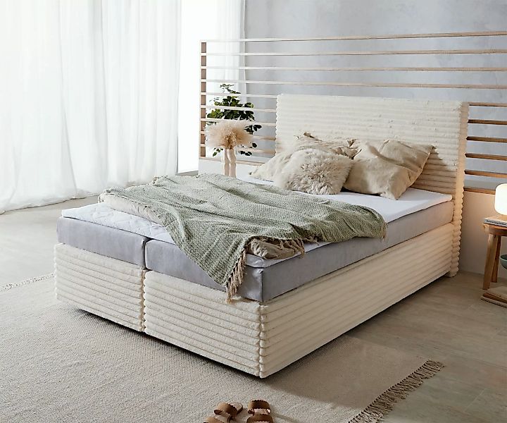 DELIFE Boxspringbett Dream-Well, Plüsch-Cord Beige 140x200 günstig online kaufen