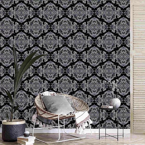 Fototapete Aquarell Barock Muster mit Ornamenten vor Schwarz günstig online kaufen