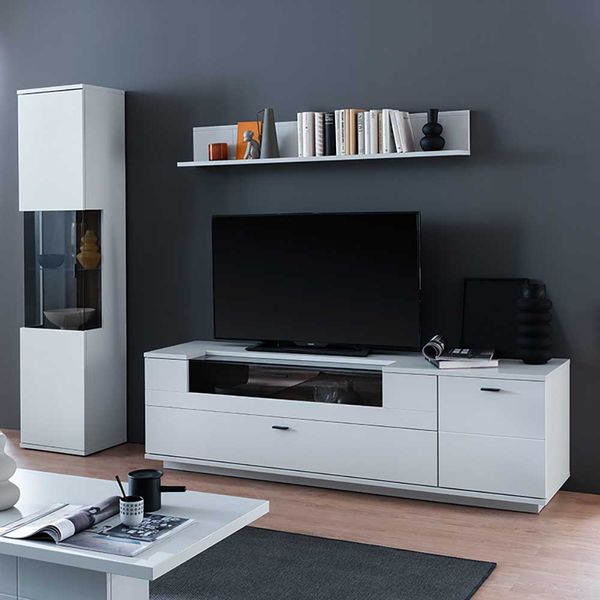 Wohnzimmerschrankwand lichtgrau in modernem Design 199 cm hoch (dreiteilig) günstig online kaufen