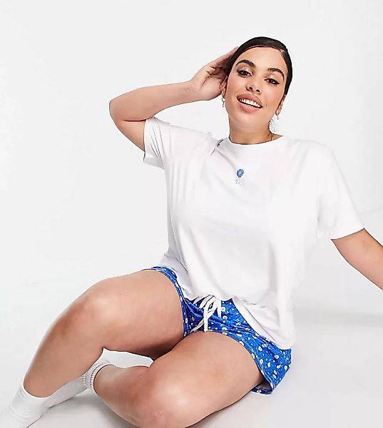 Loungeable Plus – Pyjama-Set mit T-Shirt und Shorts in Kobaltblau mit Blume günstig online kaufen