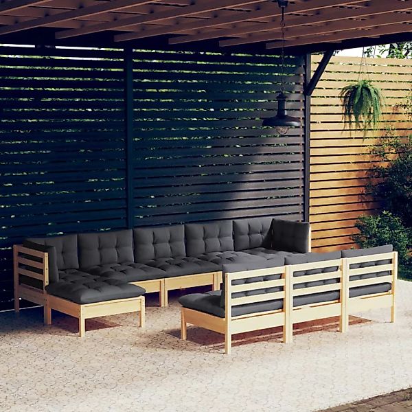 10-tlg. Garten-lounge-set Mit Grauen Kissen Kiefernholz günstig online kaufen