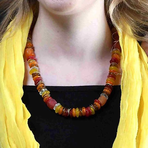 Halskette „Frollein Froehlich“, Krobo-glasperlen, Keramik Versilbert günstig online kaufen