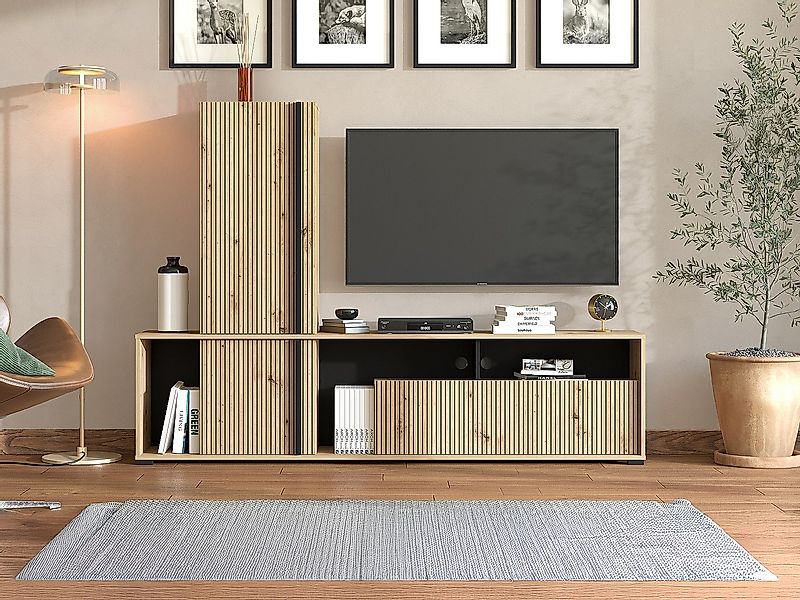 TV-Wand mit 3 Türen & 3 Ablagefächern - Holzfarben hell & Schwarz - BELUTZY günstig online kaufen