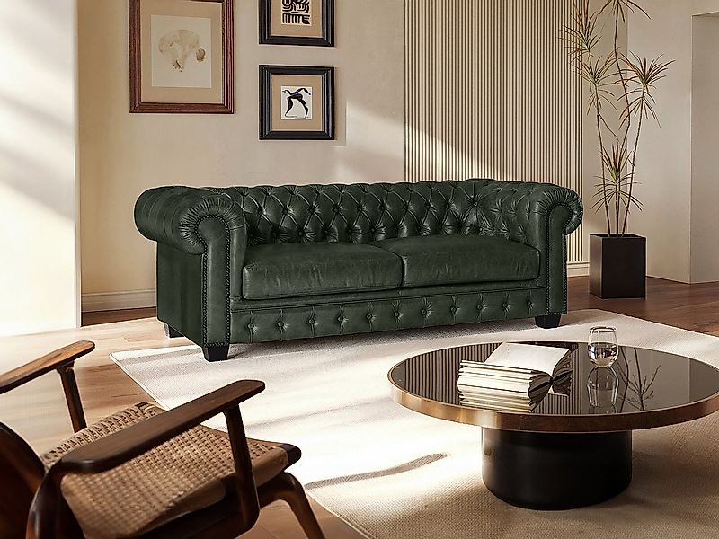 Chesterfield Ledersofa 3-Sitzer - Büffelleder - Schwarzgrün - BRENTON günstig online kaufen