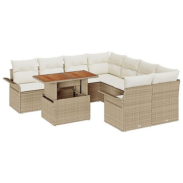 vidaXL Loungesofa 9-tlg. Garten-Sofagarnitur mit Kissen Beige Poly Rattan, günstig online kaufen