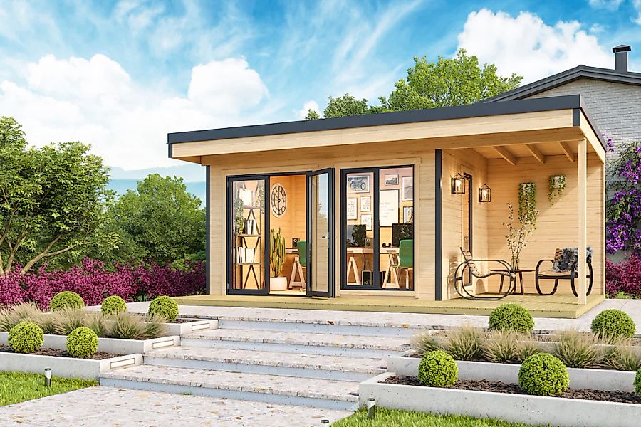 LASITA MAJA Gartenhaus "DOMEO 7 NATUR/ANTHRAZIT" mit Anbau, Fundamentmass 4 günstig online kaufen