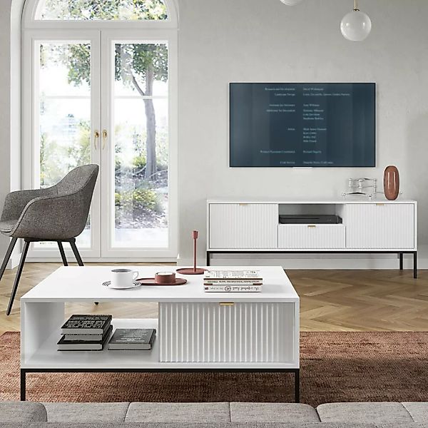 Wohnmöbel Set weiß, Fußgestell schwarz, NEWCASTLE-160, 2-teilig inkl. Couch günstig online kaufen